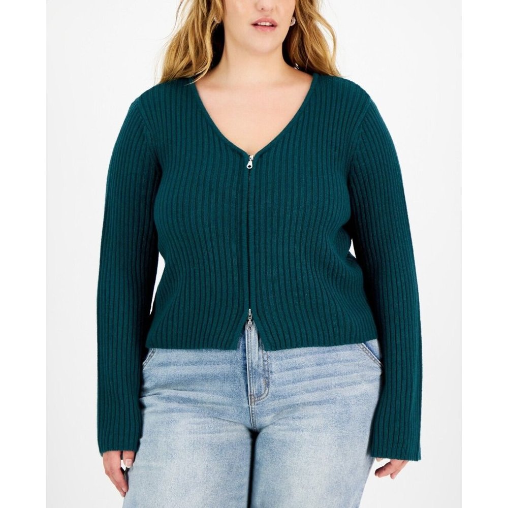 Full Circle Trends Women's Plus Size 3X V-Neck Zip-Up Sweater Green MLT7065AFA
